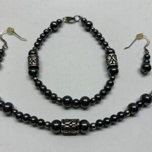 Black Glass Beads And Steel Necklace, Bracelet And Earrings Set